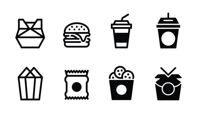 Fast food vector icons burgers drinks popcorn takeout graphic design elements