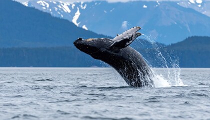 Naklejka premium Majestic Humpback Whale Breaching in Alaskan Waters with Mountains in Background.