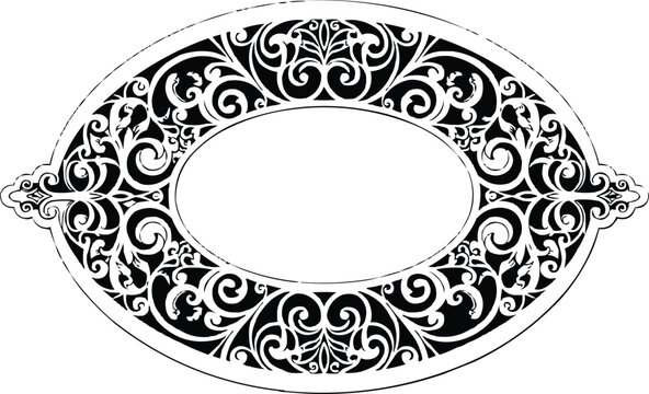 Orna gold floral vector pattern forming a decorative round lace frame for elegant wedding invitation design and antique round label border.
