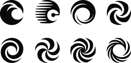 Fototapeta premium Versatile collection of black circular vortex shapes and speed motion icons for creative branding concepts