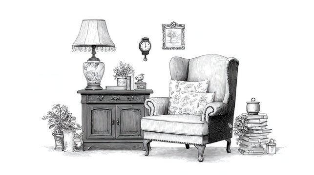 Vintage living room interior with armchair cabinet lamp decor engraving sketch illustration background