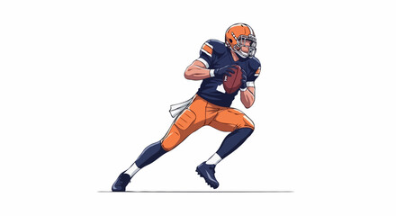 Fototapeta premium An American football player in uniform, poised to throw a pass. The player wears a blue jersey with orange accents and pants, clutching a football.