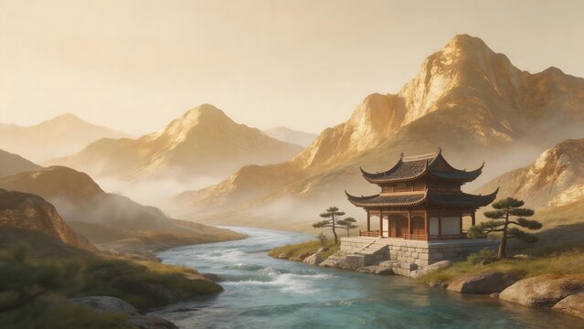 Traditional pavilion by mountain river