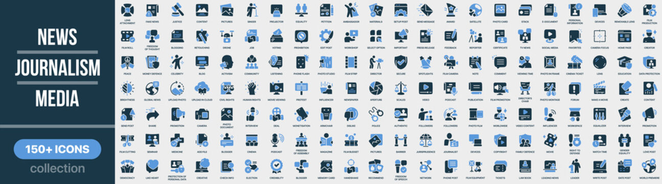 News, journalism and media icon collection in colored style. Set of news, journalism, media, press, communication, broadcast and information icons
