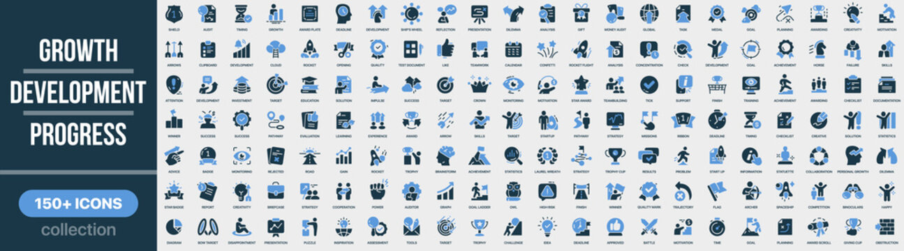 Growth, development and progress icon collection in colored style. Set of growth, development, progress, success, strategy, business and achievement icons