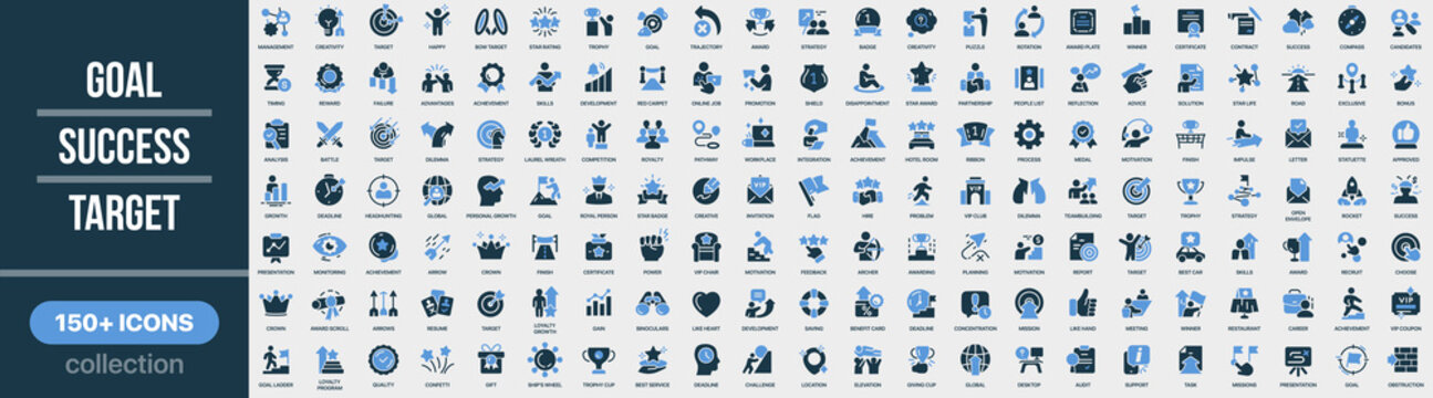 Goal, success and target icon collection in colored style. Set of goal, success, target, achievement, motivation, strategy and progress icons