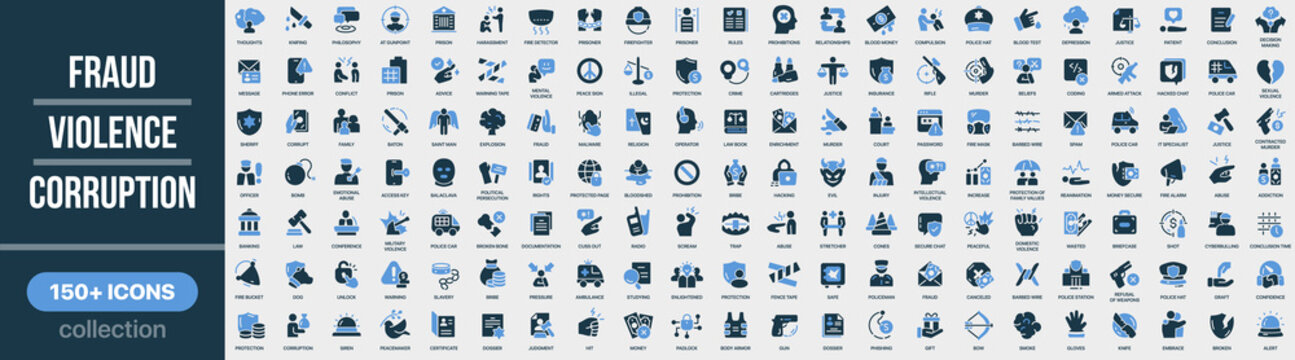 Fraud, violence and corruption icon collection in colored style. Set of fraud, violence, corruption, crime, security, danger and illegal activity icons