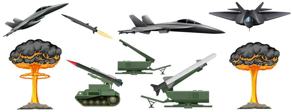 Military air defense system vector elements with fighter jets and missile launchers