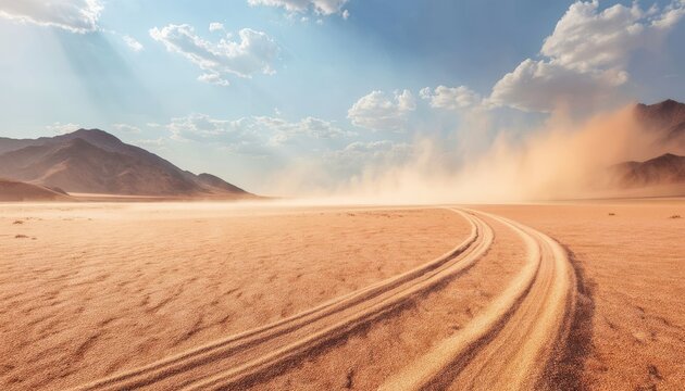 Tire tracks curve through a desert landscape with mountains under a partly cloudy sky and a dust cloud in the distance.