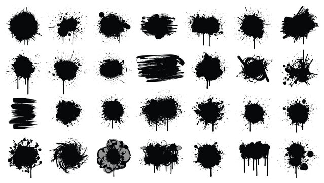 Extensive collection of black paint splatters, ink drips, and grunge blotches in various shapes and textures, offering a versatile range of artistic design elements.