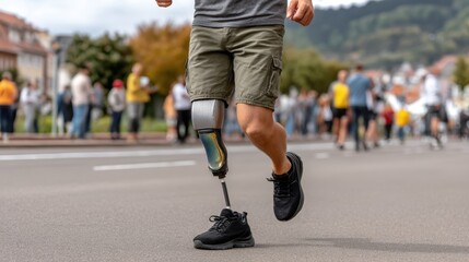 Naklejka premium Man walking with prosthetic leg on a road outdoors, rehabilitation and mobility, independence and active lifestyle.