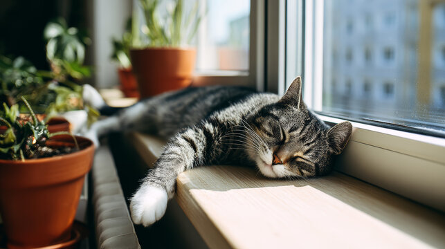 Cat sleeping window sunlight apartment cozy plant indoor relaxation tabby cat sleeping sunny window ledge cozy apartment with houseplant
