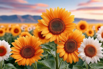 Obraz premium Golden sunflowers in a vast field at sunset with vibrant petals and scenic mountain horizon