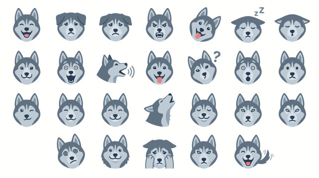 Siberian Husky Dog Emoji Icon Set with Various Facial Expressions