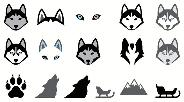 Husky and Wolf Icon Set for Winter Sports and Sledding