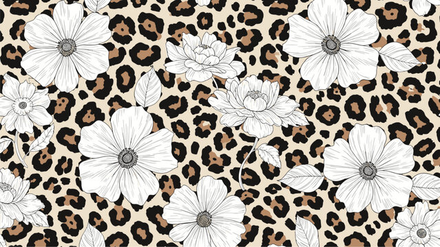 Stylish seamless pattern combining classic leopard print with elegant white outline flowers, creating a sophisticated and fashionable animalistic botanical design.