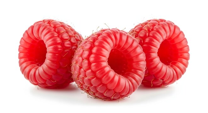Three fresh red raspberries isolated on white background