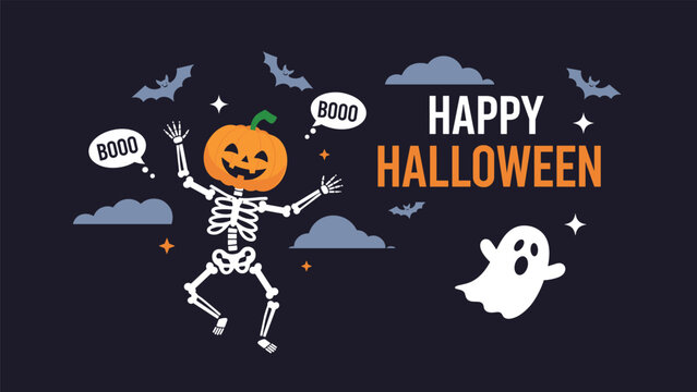 Playful and festive "Happy Halloween" scene featuring a dancing skeleton with a pumpkin head, a friendly ghost, and flying bats against a dark background.