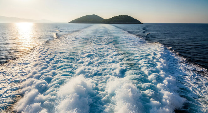 Boat wake on the ocean moving away from a scenic island