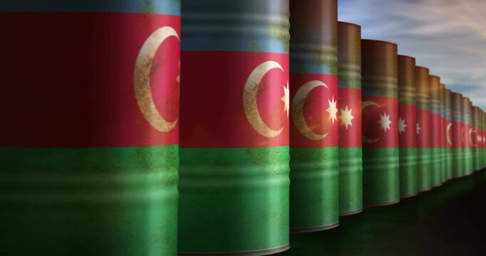 Azerbaijan oil business and fuel extraction barrels in row seamless and loopable concept. Azerbaijani petrol industrial containers.