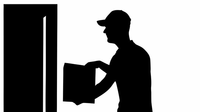 Courier in silhouette delivering a parcel to a doorway indoors