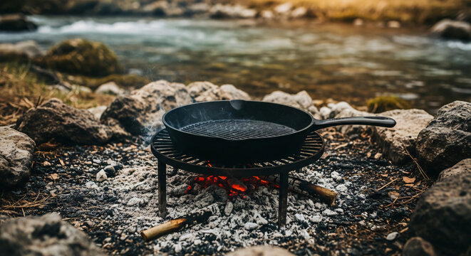 Cast iron skillet on a campfire grill by a rocky riverbank