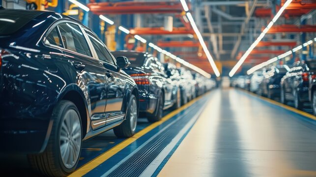 Sleek Automotive Assembly Line: New Cars in Production, Modern Factory.