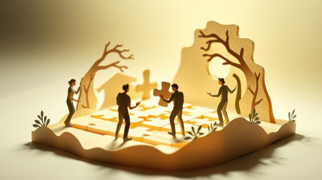 Papercraft scene depicts people connecting puzzle pieces. Warm lighting highlights collaborative effort, teamwork, problem solving.