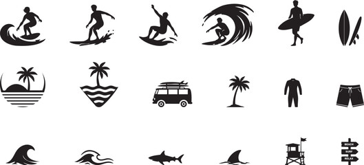 Fototapeta premium Surfing Icons Set – Beach, Waves & Summer Silhouette Collection