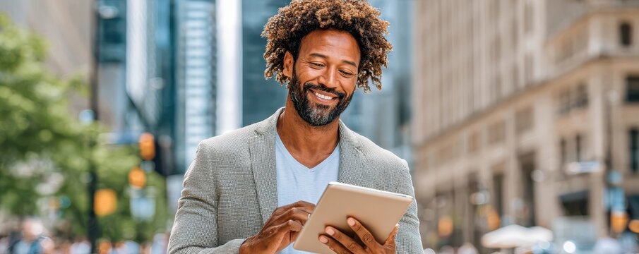 Smiling businessman using tablet in city street for mobile work and modern urban lifestyle