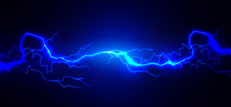Blue lightning bolt streaks thunderbolt on dark background, glowing electric arc. High-energy tech banner for gaming, web header, poster, wallpaper, presentations. Vector illustration.