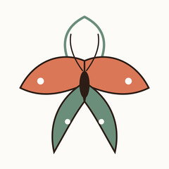 Minimalist mid century modern butterfly moth design with orange and green wings on white illustration © Bony