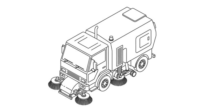 Isometric line drawing of a street sweeper truck with brushes and a collection bin, illustrating urban cleaning equipment.