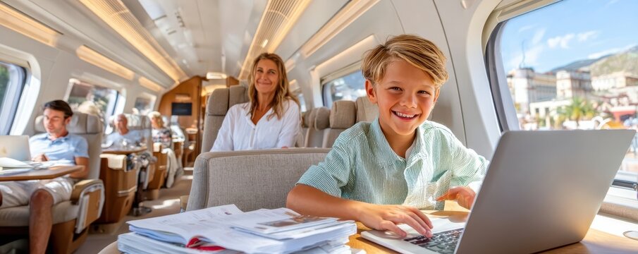 Young boy smiling and using laptop while mother relaxes on a luxury train family trip