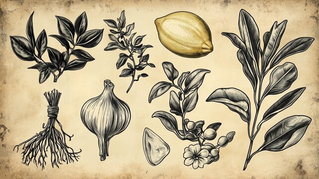 Vintage botanical illustration style poster of hummus ingredients, hand-drawn chickpea plant with roots, garlic bulbs, lemon branch, olive tree, tahini sesame flowers