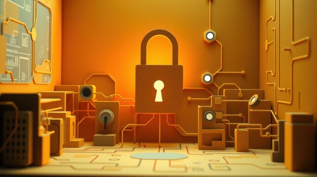 Abstract orange room features lock, circuits, furniture. Minimalist design evokes digital security concept. Warm lighting creates dramatic effect.