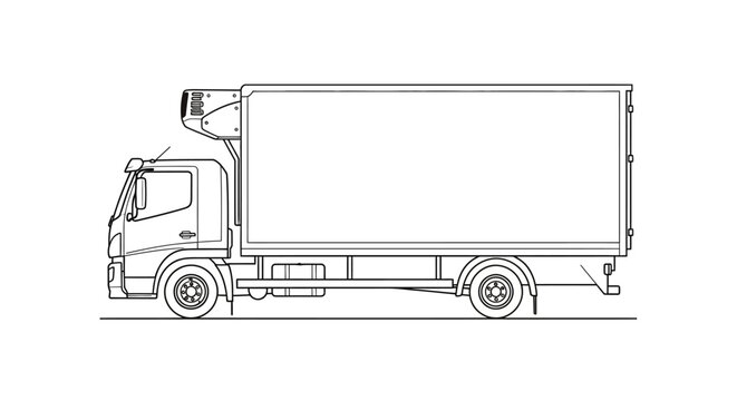 Line drawing illustration of a refrigerated truck, also known as a reefer truck, showcasing its side profile and mechanical details.