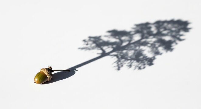Acorn casting shadow of large oak tree on white background. Concept of investment growth and future financial planning. Savings success and retirement wealth accumulation metaphor.