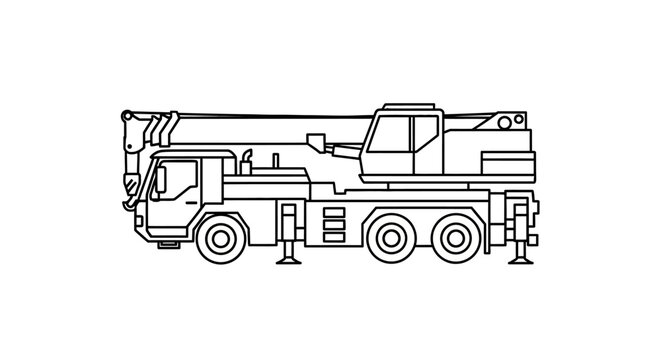 Line art illustration of a mobile crane truck with its boom extended and outriggers deployed, showcasing its mechanical components and operational readiness.