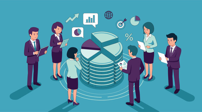Business team studies large stacked pie charts with reports and analytics icons, showing strategy, finance, data planning, and corporate growth today