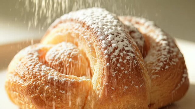 Powdered sugar being sprinkled over a fresh golden pastry bun in slow motion close up