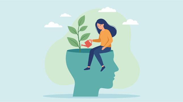 Calm woman waters a growing plant inside an open head silhouette, representing mental wellness, self care, mindfulness, healing, and personal growth