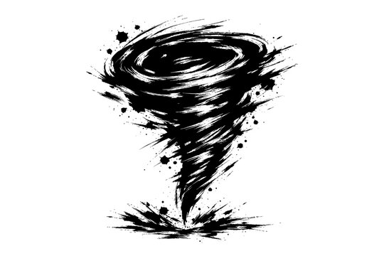 Tornado Line Art, Minimalist continuous-line drawing of a swirling tornado with dynamic motion lines and splatter effects, symbolizing nature&rsquo;s force and chaos.
