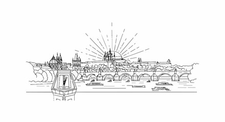 Fototapeta premium A sketch depicts a city skyline with a sunburst over historic buildings and a bridge