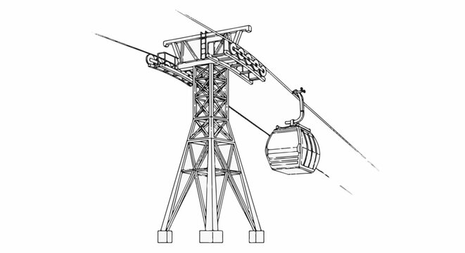 A line drawing of a ski lift tower and cabin suspended from cables