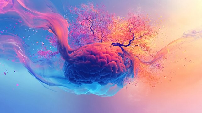 Flowing ink forms surreal shapes that blend the human brain with tree branches, abstract digital painting, bright pink, blue and orange gradients, smooth curves and soft halos.