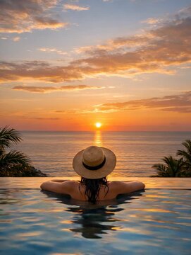 Woman relaxing in infinity pool watching sunset over ocean tropical vacation peaceful view