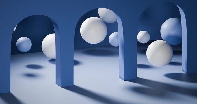 3d architectural composition in monochrome blue. In the center is an architectural arched structure that casts contrasting graphic shadows that emphasize the volume and geometry of the space. Bright b