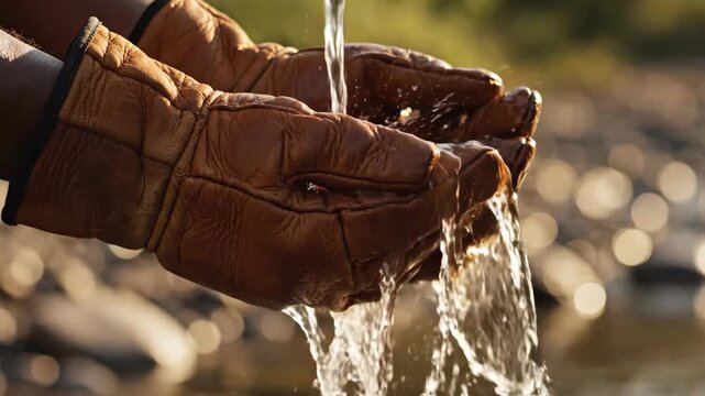 Water scarcity challenges climate adaptation with hands in leather gloves catching flowing water outdoors highlighting solutions