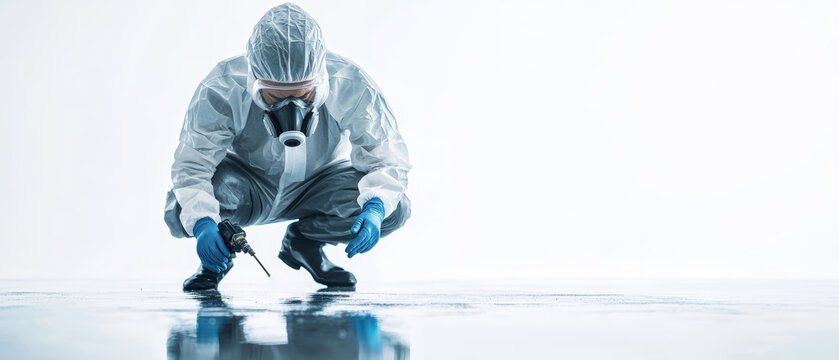 A technician in protective gear crouches and sprays polyurea on the floor. The setting is isolated and background is white, highlighting the activity